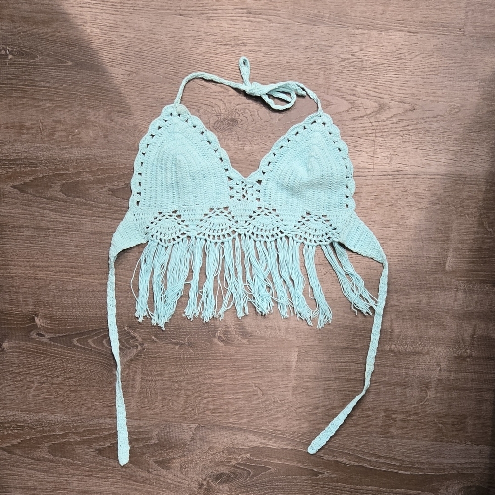 Crochet Halter Top with Fringe-Teal